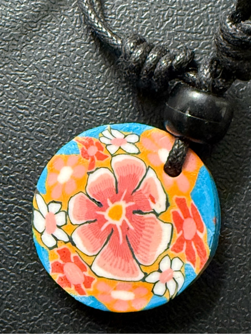 Hand-Painted Floral Pendant Necklace in Blue and Pink